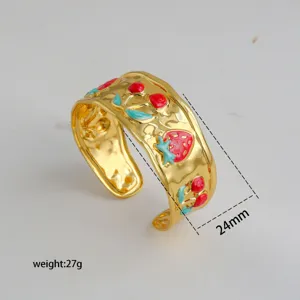 Gold open cuff bracelet with red strawberry enamel, stylish fashion jewelry 24mm width 27g