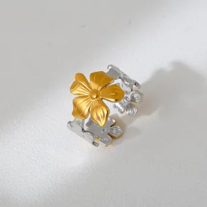 Stainless steel two-tone flower open ring, detailed close-up shot showcasing chic aesthetics.