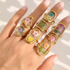 Gold plated stainless steel transparent dried flower ring irregular handmade botanical jewelry