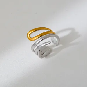 Trendy two-tone stainless steel open ring, chunky geometric design, punk statement finger jewelry.