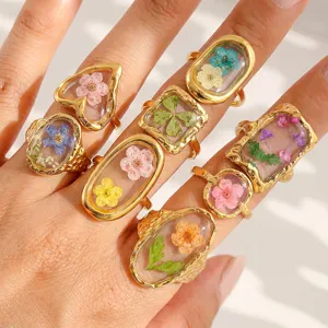 Stainless steel gold plated transparent real dried flower resin ring geometric chic jewelry