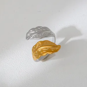 Two tone stainless steel open ring chic leaf design adjustable fashion finger jewelry