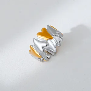 Detail shot of a trendy dual-color stainless steel heart shape open ring fashion accessory.
