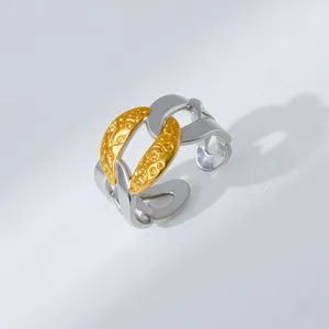 Detail shot of the two-tone chunky open ring featuring unique textured gold and sleek silver links.