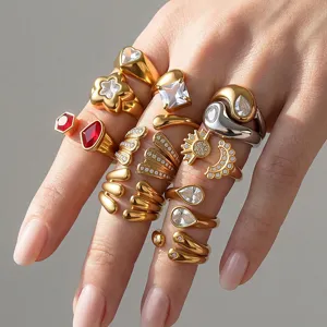Stainless Steel Open Ring For Women Gold Silver Plated Rhinestone Geometric Stackable Fashion Jewelry Finger Ring