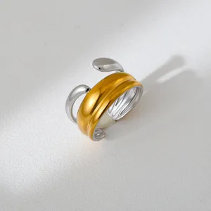 Close-up view of the unique two-tone stainless steel open ring, showing smooth polished details.
