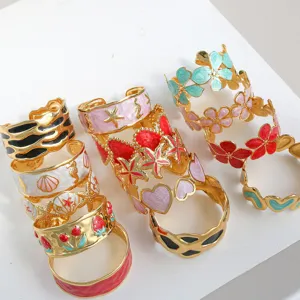 Colorful enamel open cuff bracelet set featuring charming heart flower and fruit designs.