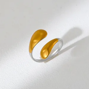 Stainless steel dual-tone open ring with unique modern teardrop design fine details.