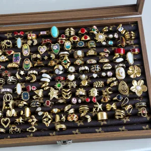 Assorted bulk pack of vintage gold plated statement rings fashion jewelry set for women