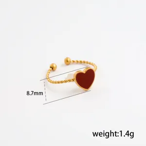 Stainless steel red enamel heart ring detail, adjustable open ring, lightweight fashion jewelry.