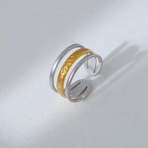 Detailed view of two-tone stainless steel open ring with textured multi-band design.