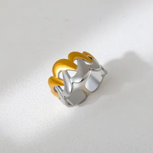 Detail view of a trendy two-tone stainless steel open ring with a chic wave design.