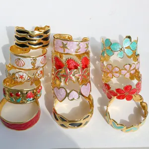 New handmade enamel open cuff bracelets with cute hearts and flowers, chic fashion style.