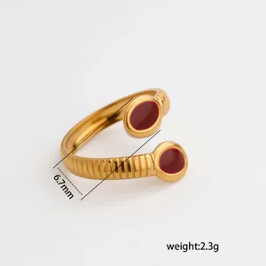 Stainless steel open adjustable ring with burgundy enamel, minimalist chic jewelry for women.