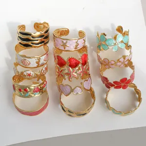 Handmade enamel open cuff bracelets set, trendy golden metal geometric floral cuff jewelry.