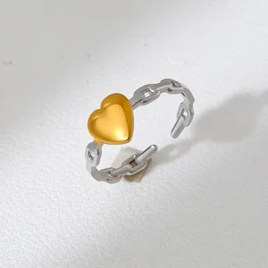 Two-tone stainless steel heart open ring, European fashion trendy finger ring detail.