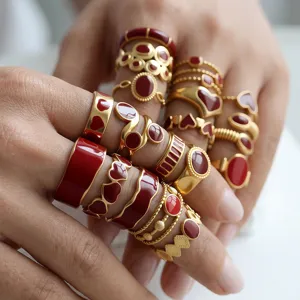 Stainless steel adjustable rings set, burgundy enamel gold-plated stackable fashion jewelry.