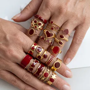 Elegant red enamel gold plated adjustable stacking rings set for women fashion chic