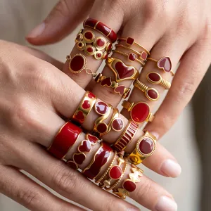 Stainless steel adjustable rings with red enamel, gold plated stacked ring set for women chic.