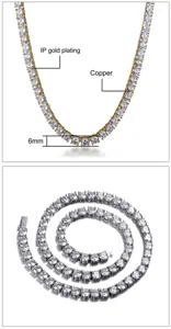 Men hip hop 6mm tennis chain necklace, micro pave cubic zirconia copper jewelry for daily wear.