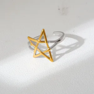 Detail shot of the trendy two-tone stainless steel open ring featuring a stylish star design.