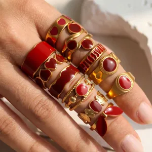Stainless steel wine red enamel stacking ring adjustable open rings for women fashion chic