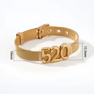 Stainless steel mesh bracelet with 520 digital charm, gold fashion jewelry for women.