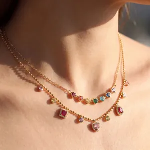 Elegante dubbellaagse roestvrijstalen ketting met kleurrijke zirkonia bedels voor dames.