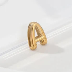 Gold stainless steel letter A pendant detail, chunky alphabet charm for DIY jewelry making.