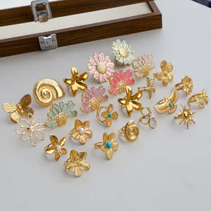 Gold stainless steel flower rings set, aesthetic enamel floral chunky statement rings for women.