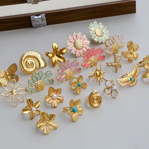 Gold stainless steel flower rings set dainty vintage statement finger jewelry for women