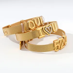 Gold stainless steel mesh bracelet featuring 3D LOVE, heart and 520 numbers charm for women.