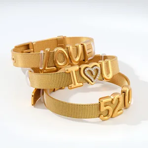 Gold stainless steel mesh charm bracelet set featuring stylish 520, LOVE and heart details.