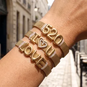 Gold mesh chain bracelet set featuring 520 and LOVE letter charms, stylish stainless steel jewelry.