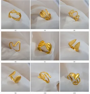 Adjustable stainless steel open rings in gold finish, trendy geometric couple jewelry set.