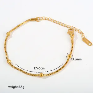 Gold Stainless Steel Beaded Chain Bracelet with Extension Link and Small Beads.