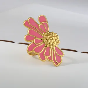 Stainless steel pink enamel flower ring, elegant gold-plated floral statement jewelry for women.