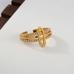 Stainless steel cubic zirconia multi-band safety pin open ring 18k gold fashion jewelry women