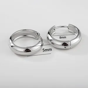 Stainless steel hoop earrings detail view, showcasing 5mm and 8mm C-shape sizes clearly.