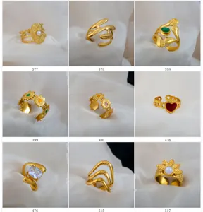 Gold stainless steel adjustable rings collection with pearls, stones and designs.