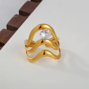 18k gold plated stainless steel multi-layer wave open ring sparkling cubic zirconia for women