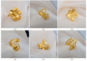 Detailed view showcase of various trendy gold-plated stainless steel adjustable open rings.
