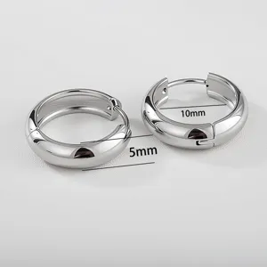 Stainless steel C-shaped hoop earrings detail view, 10mm size with 5mm thickness.
