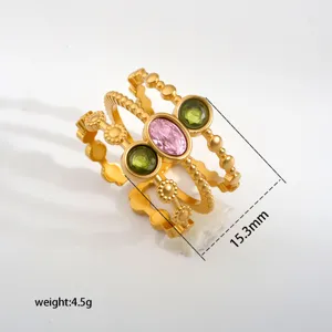 Gold plated stainless steel multi layer stacked ring with colorful cubic zirconia stones 15.3mm