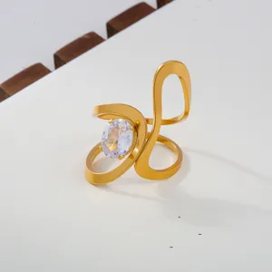 Close-up detail of the elegant geometric open ring featuring a sparkling oval cubic zirconia.