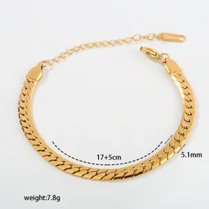 Stainless steel flat curb chain bracelet for women, gold minimalist layering wrist jewelry.