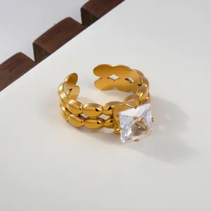 Elegant Stainless Steel Square Zircon Open Ring 18K Gold Plated Fashion Jewelry for Women