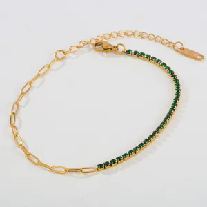 Edelstahl vergoldet grüne Zirkonia halbe Kette Armband Damen Schmuck Geschenke.
