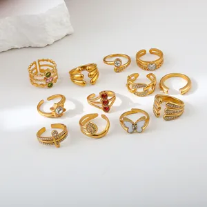 Stainless steel zircon rings set, stylish minimalist gold stackable fashion jewelry for women.