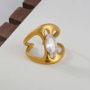 Stainless steel marquise zirconia open ring gold detail close up elegant fashion jewelry